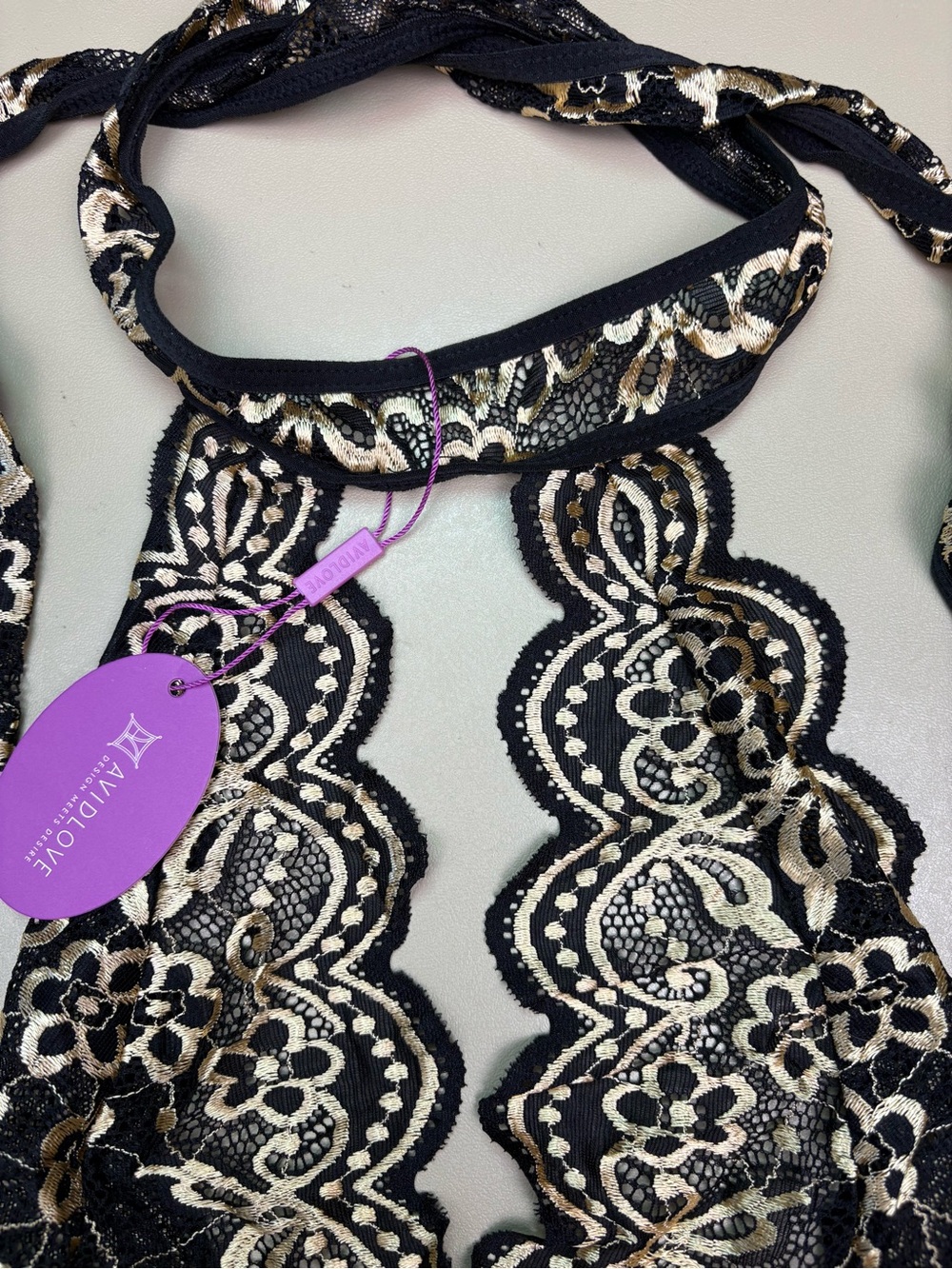 Avidlove Lace Teddy Bodysuit Black Gold Halter Cutout Lingerie 18W NWT - Picture 3 of 10
